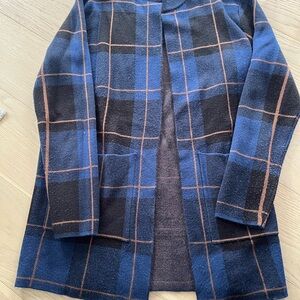 Suzy Sheir Blue and Black Windowpane Open Front Coatigan with Brown Lines